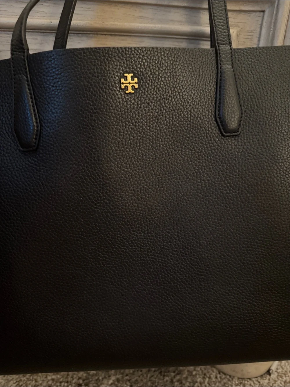 Tory Burch Black Leather Tote with Gold Logo